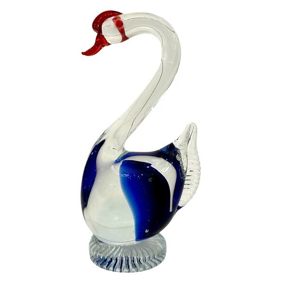 Art Glass Blown Swan Figure with Clear/Blue Glass Body and Bright Red Bill-Nice! - Picture 2 of 7